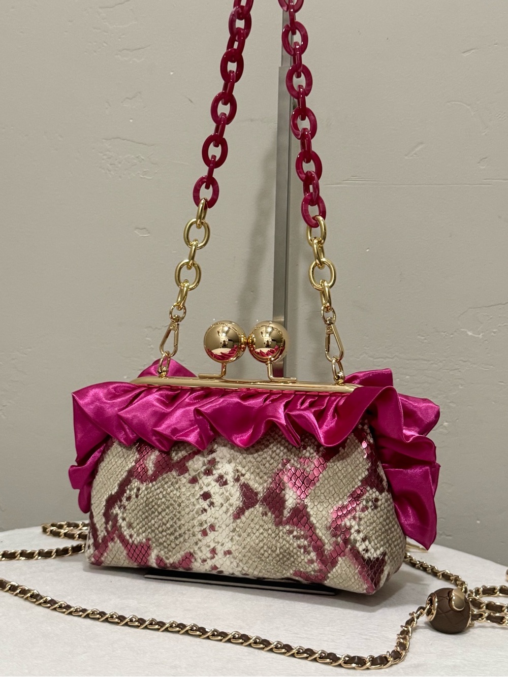 Pink Metallic Snakeskin Embossed Leather Kisslock 
Clutch, Lace Ruffle Trim Bag